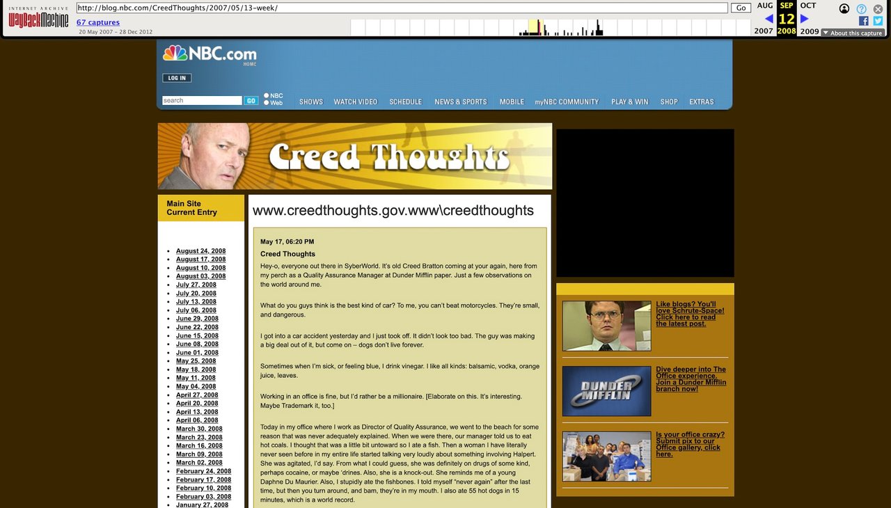 Creed's Blog as captured by Wayback Machine